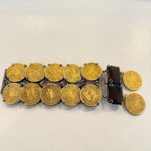 VINTAGE IRADJ MOINI COIN BRACELET ANTIQUE GOLD PLATED SMOKY QUARTZ